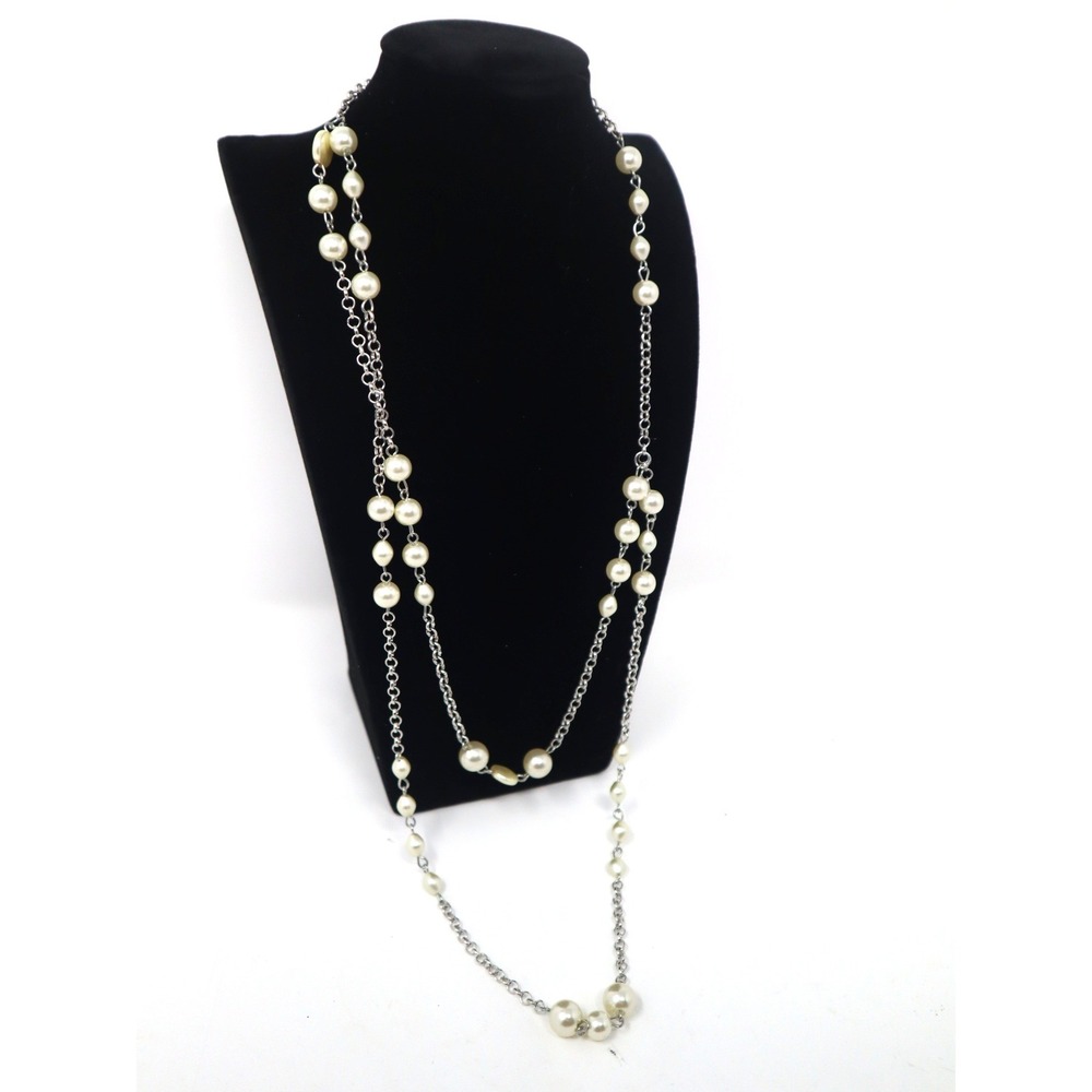 Cream Layered Necklace Faux Pearl Silver Tone Multi Strand Long Statement